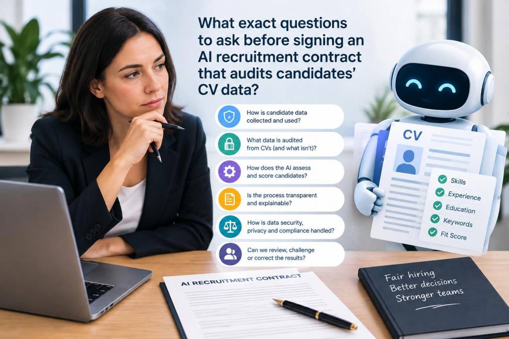 What exact questions to ask before signing an ai recruitment contract that audits candidates' cv data