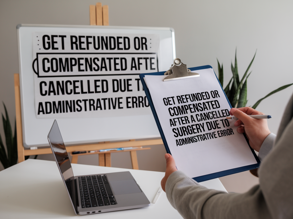 What steps should you take to get refunded or compensated after a cancelled surgery due to administrative error?